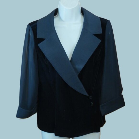 Alex Evenings Black Velvet Top Sheer Sleeve Evening Cocktail Large Petite - Picture 1 of 8